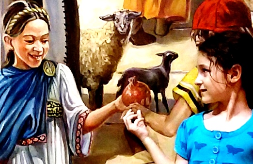 נערה מגישה רימון בציור קיר בקארדו בירושלים